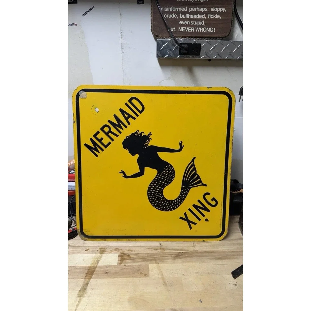Vintage Mermaid Xing Metal Road Sign Yellow‎ 18x18 1993 Nautical Decor